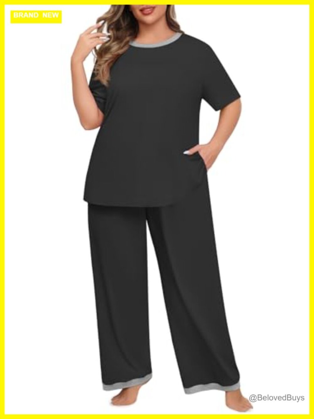 Plus Size 2 Piece Pajama Set Short Sleeve Knit Lounge Set with Pockets